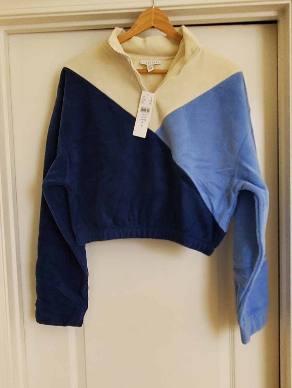 NWT Topshop Women's Cropped Quarter Zip Neck Pullover in Navy, Lgt Blue & Cream